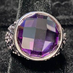 Ring Size 7 Purple Glass Faceted Sterling Silver Stamped 925 Vintage Jewelry